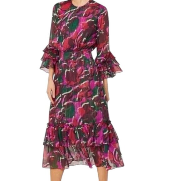 Misa Womens M Floral Ruffle Sleeve Gordana Midi Dress - Picture 1 of 16